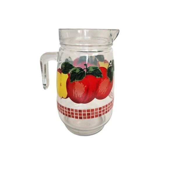 Vintage KIG Malaysia Clear Glass 48oz Handled Pitcher 4 juice glasses, Red Apple - Picture 16 of 16